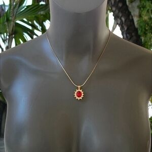 Vintage 14K Gold Plated Red White Crystal Oval Halo Pendant Necklace 18" NIB